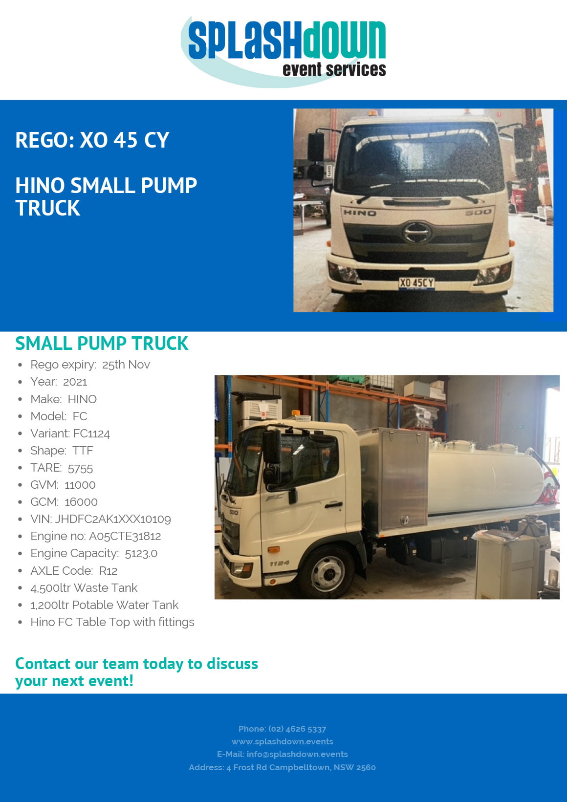 4,500Ltr Waste Capacity Pump Truck by Splashdown Event Services