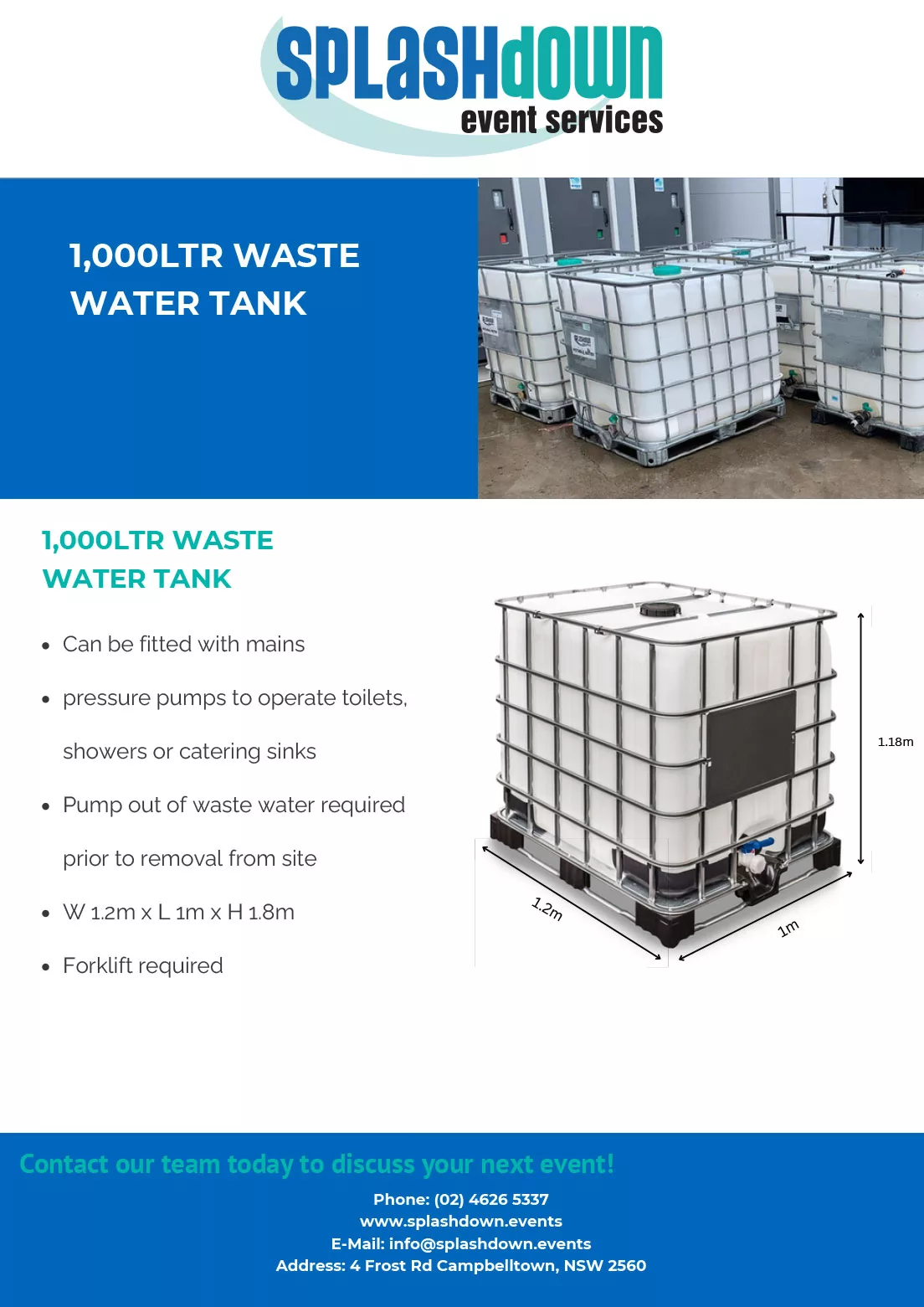 1,000Ltr Waste Water Tank by Splashdown Event Services