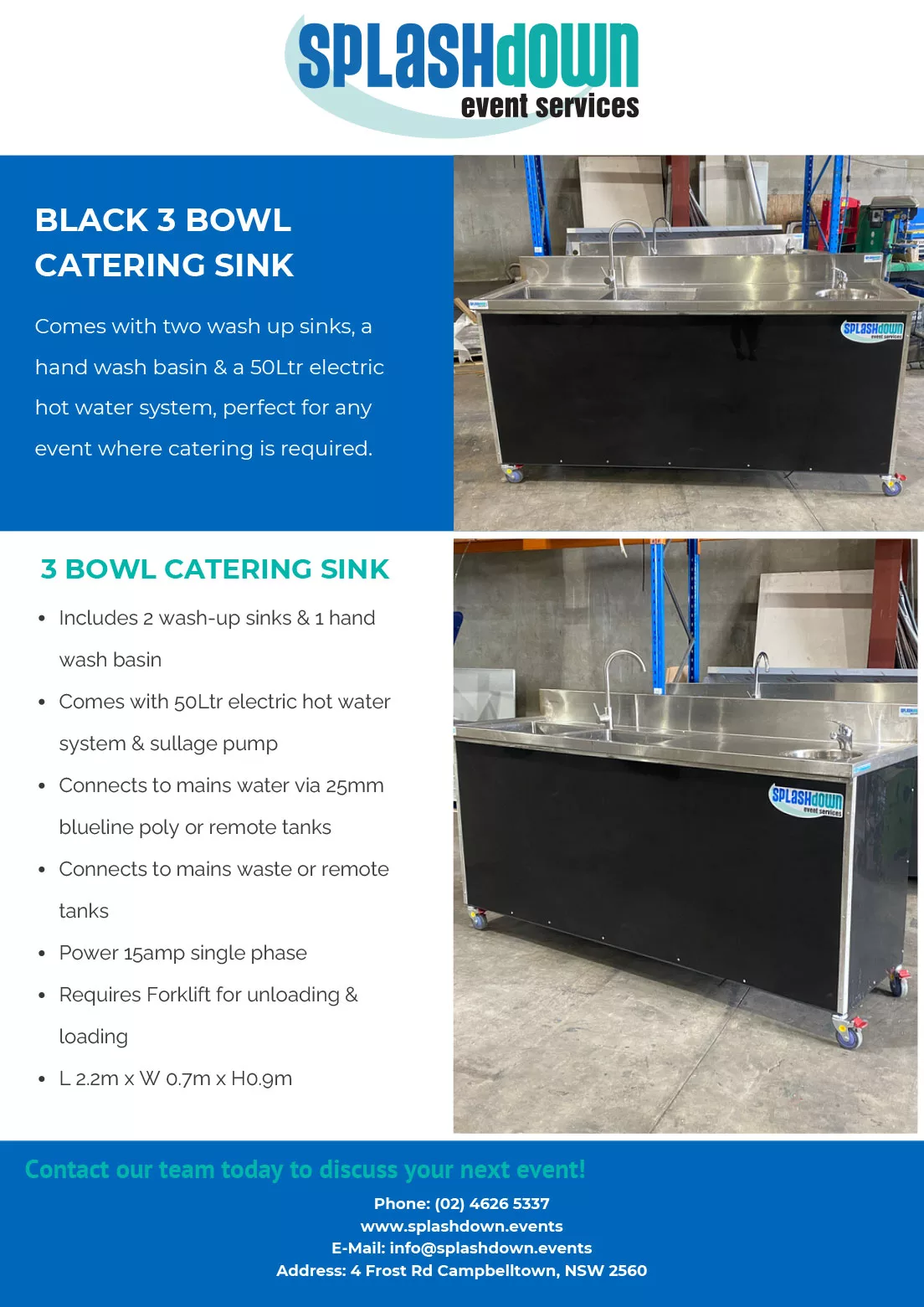 Black 3 Bowl Catering Sink by Splashdown Event Services