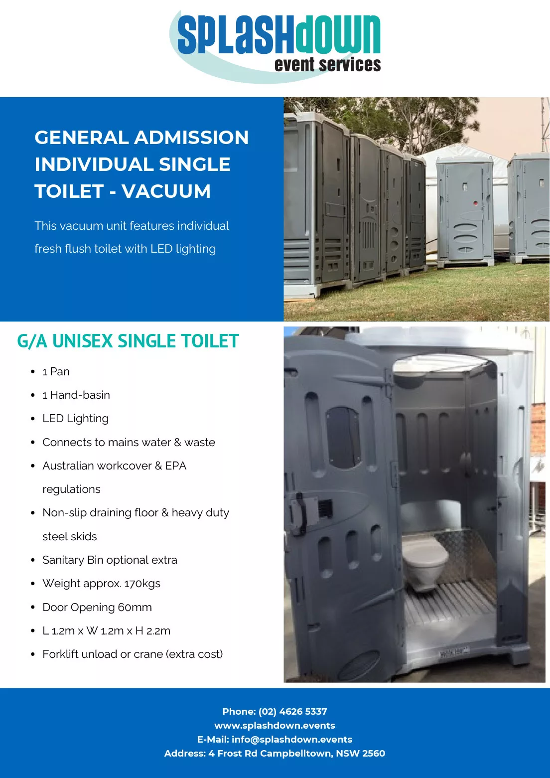 General Admission Individual Single Toilet – Vacuum by Splashdown Event Services