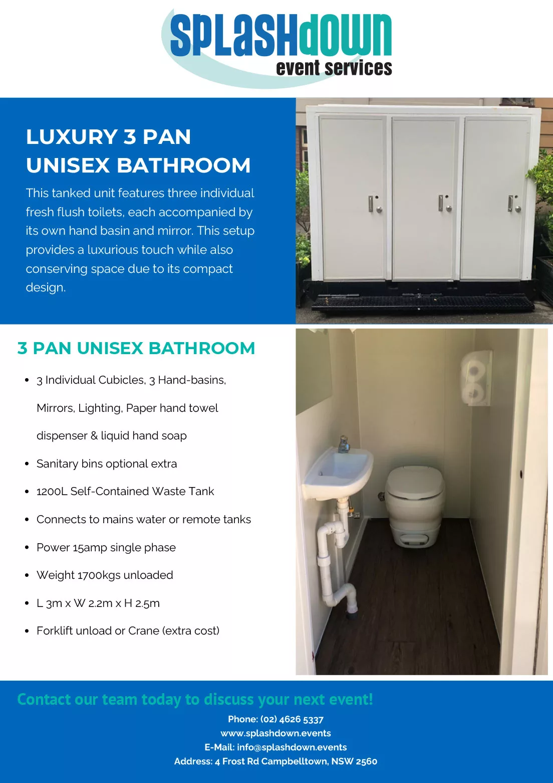 Luxury 3 Pan Unisex Bathroom by Splashdown Event Services