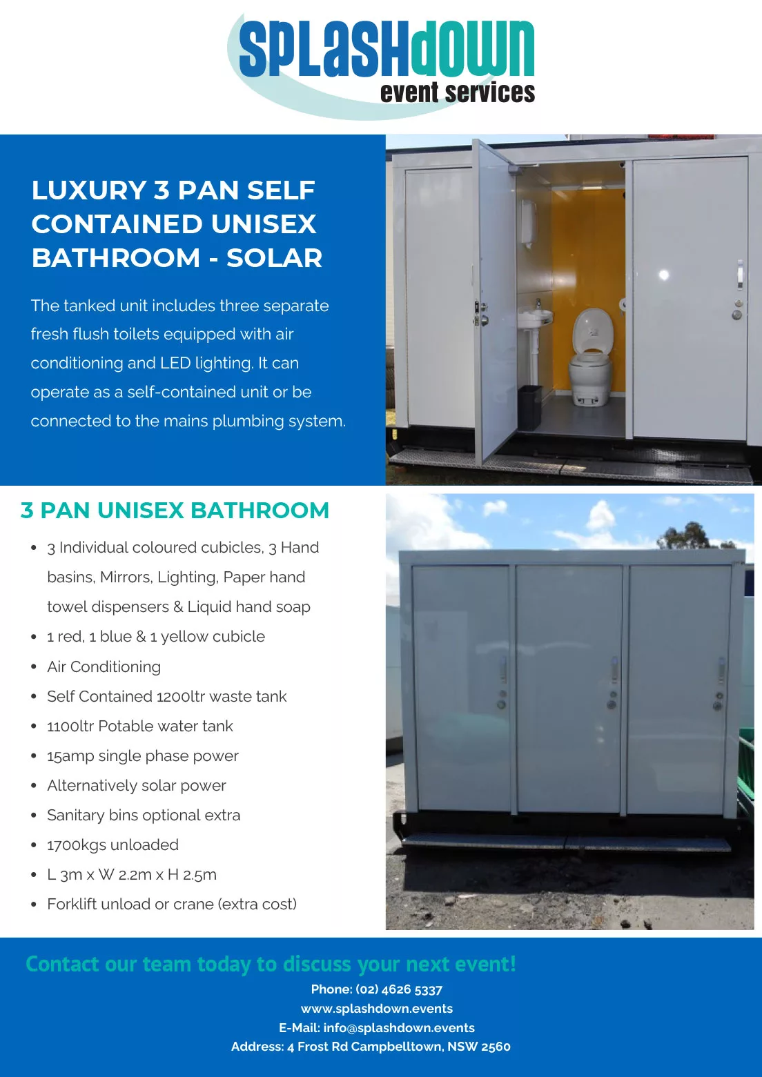 Luxury 3 Pan Self Contained Unisex Bathroom – Solar by Splashdown Event Services