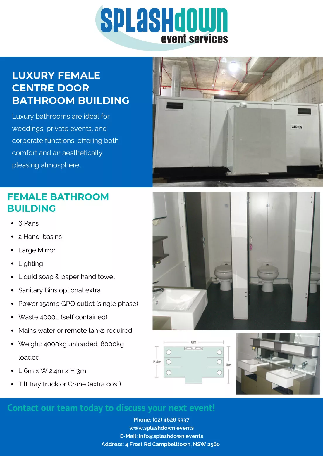 Luxury Female Centre Door Bathroom Building by Splashdown Event Services