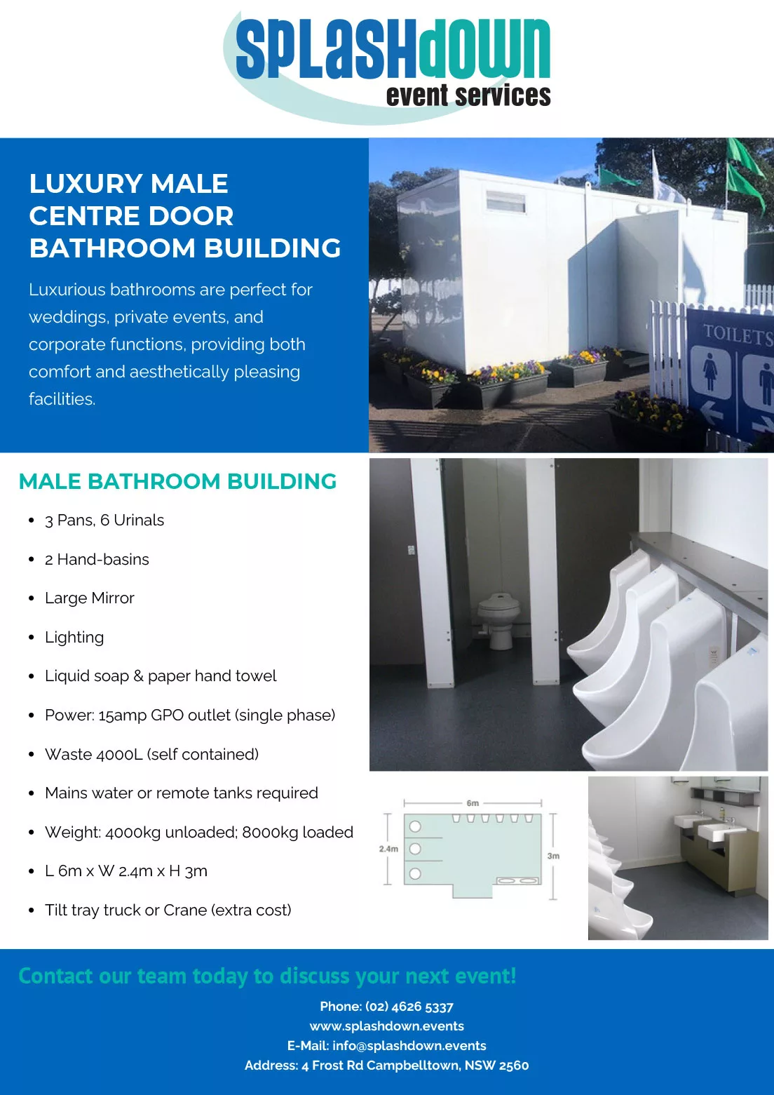 Luxury Male Centre Door Bathroom Building by Splashdown Event Services