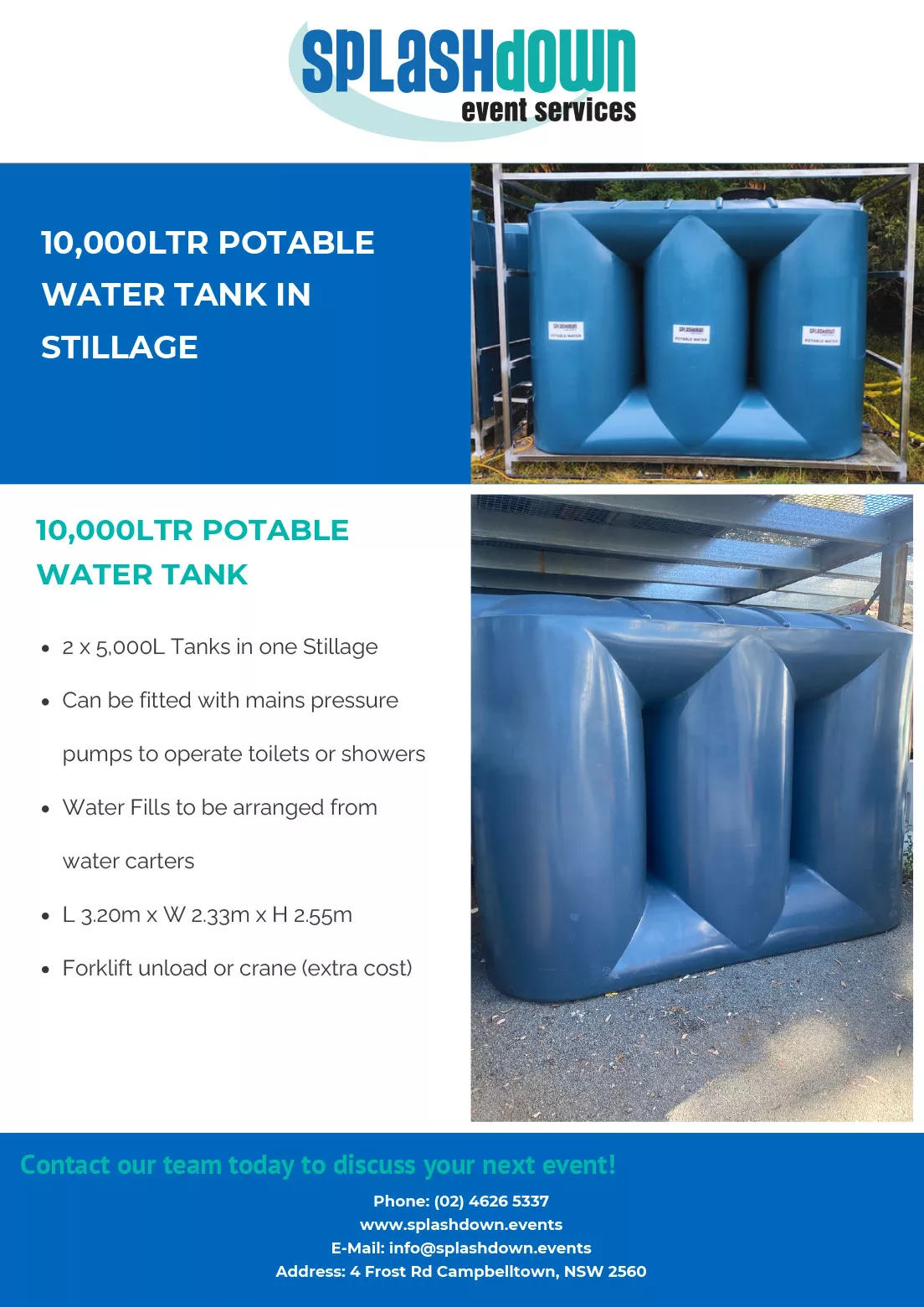 10,000Ltr Potable Water Tank in Stillage by Splashdown Event Services