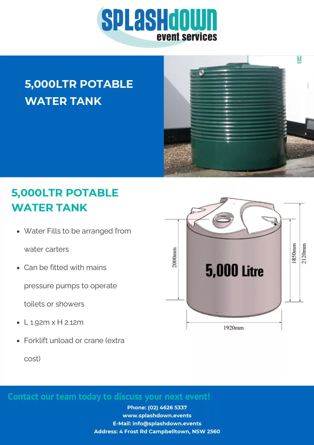 5,000Ltr Fresh Water Tank in Stillage by Splashdown Event Services