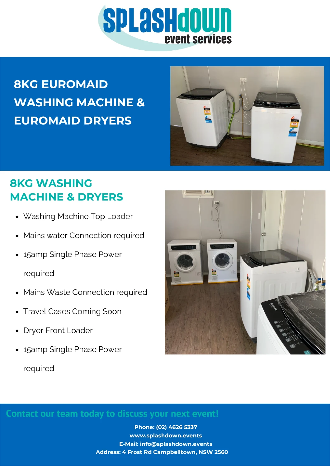 Commercial Washing Machine and clothes dryers by Splashdown Event Services