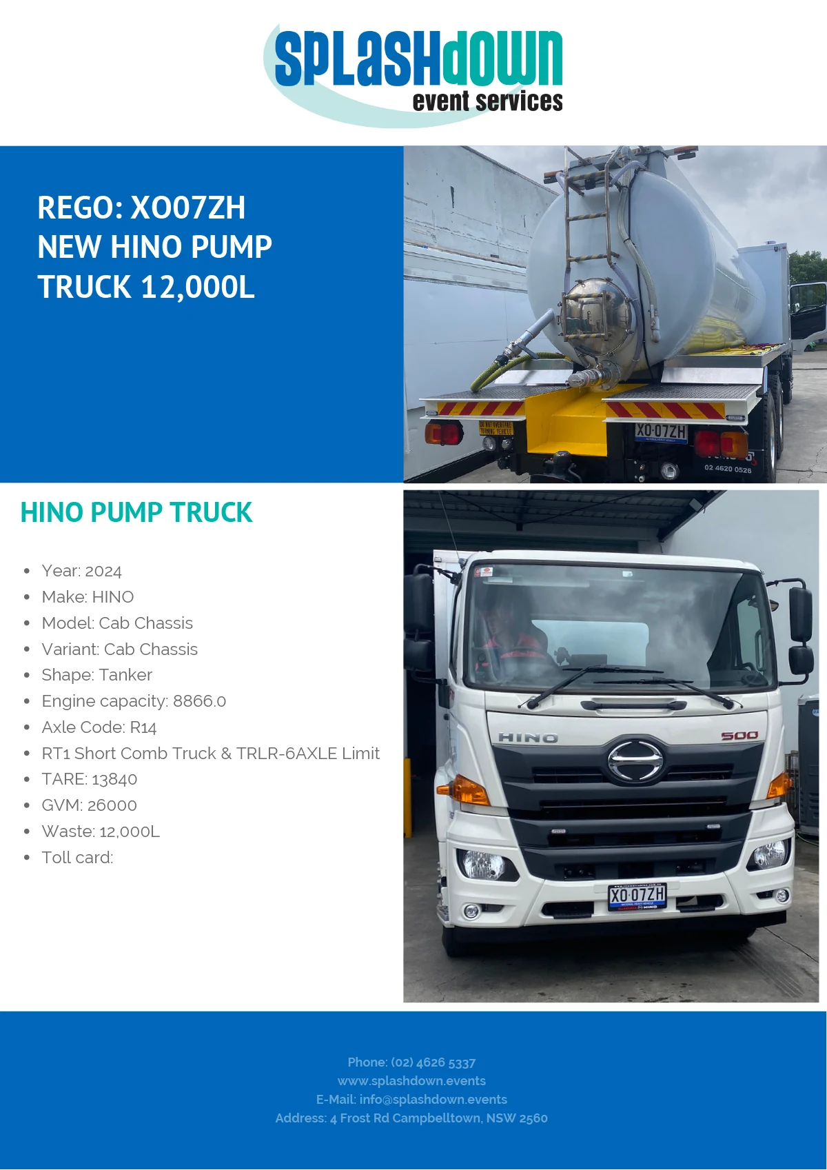 12,000 litre capacity pump truck by Splashdown Event Services