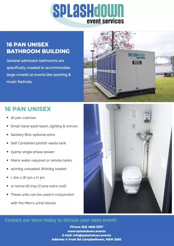 16 Pan Unisex Bathroom Building by Splashdown Event Services