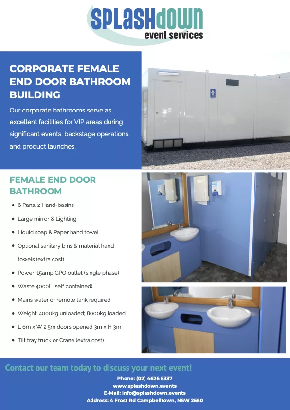 Corporate Female End Door Bathroom Building by Splashdown Event Services