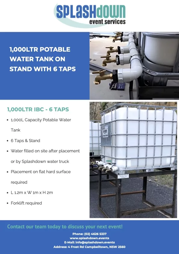 1,000Ltr Fresh Water Tank with 6 Taps on Stand by Splashdown Event Services