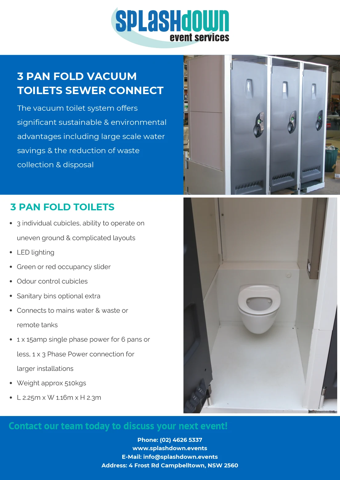 3 Pan Fold Vacuum Event Toilets Sewer Connect by Splashdown Event Services