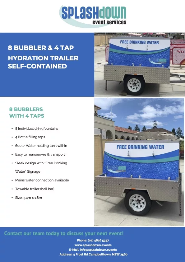 8 Bubbler & 4 Tap Hydration Trailer Self-contained by Splashdown Event Services