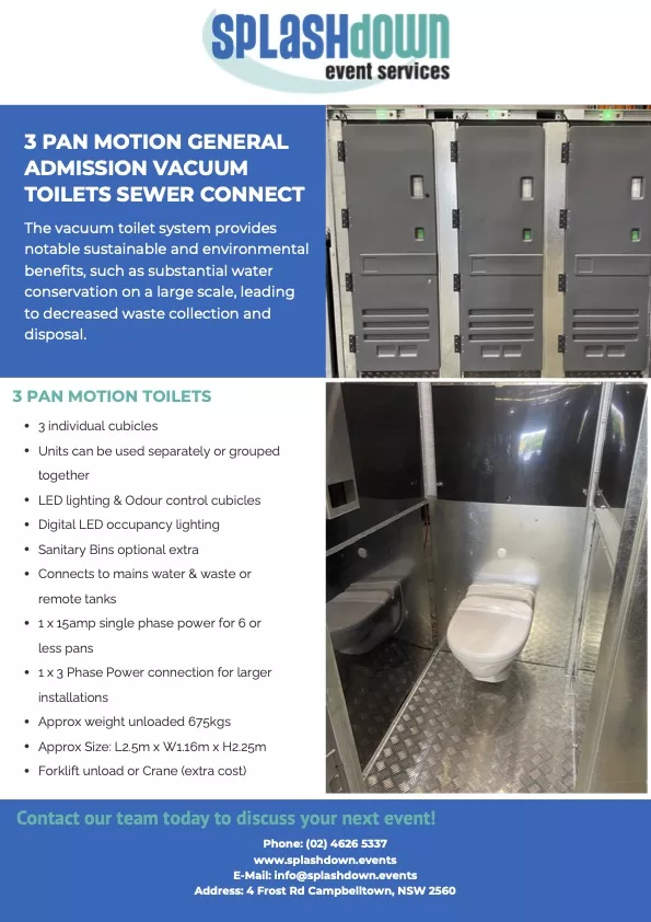 3 PAN MOTION GENERAL ADMISSION VACUUM TOILETS SEWER CONNECT by Splashdown Event Services
