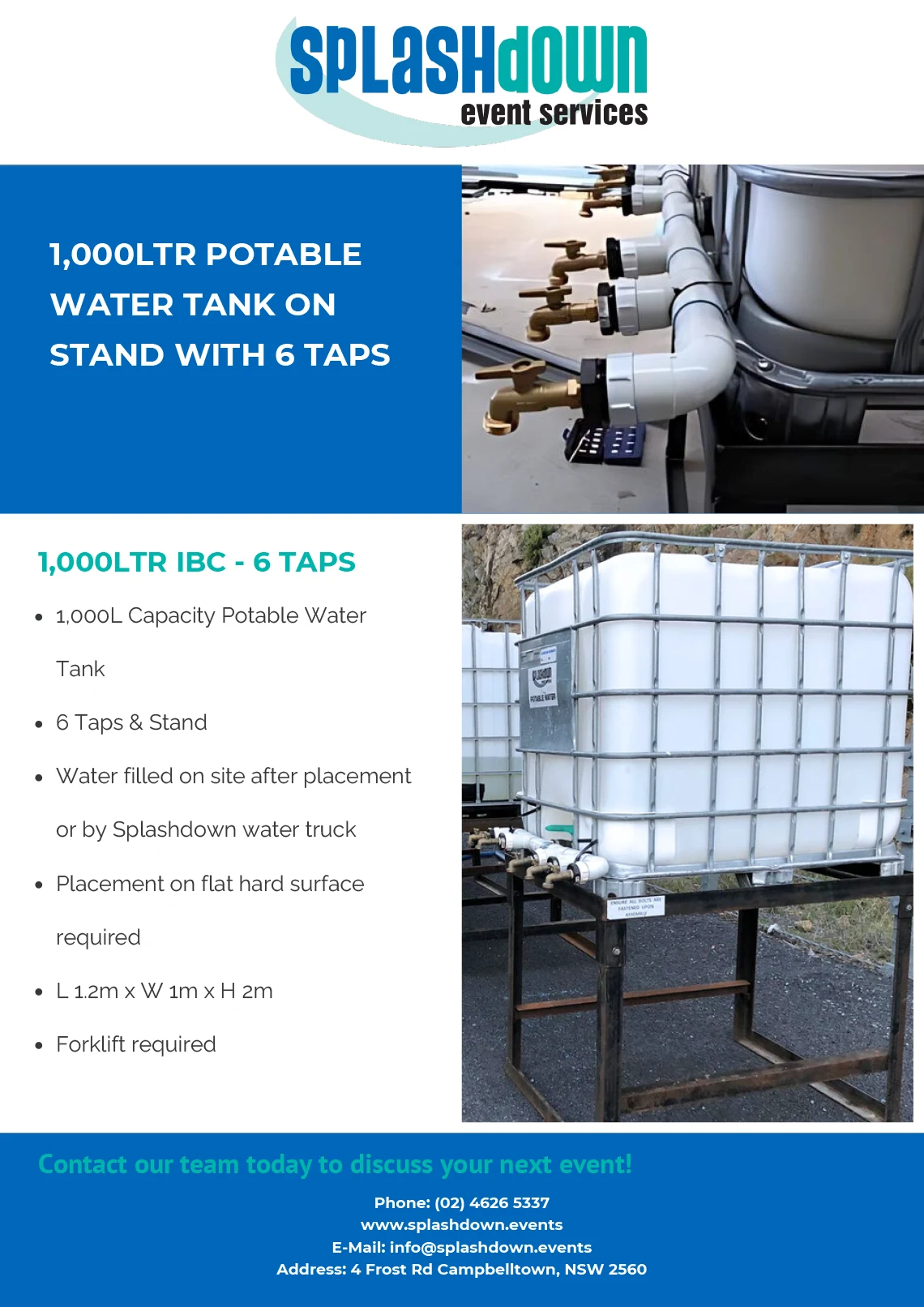 1,000Ltr Fresh Water Tank with 6 Taps by Splashdown Event Services