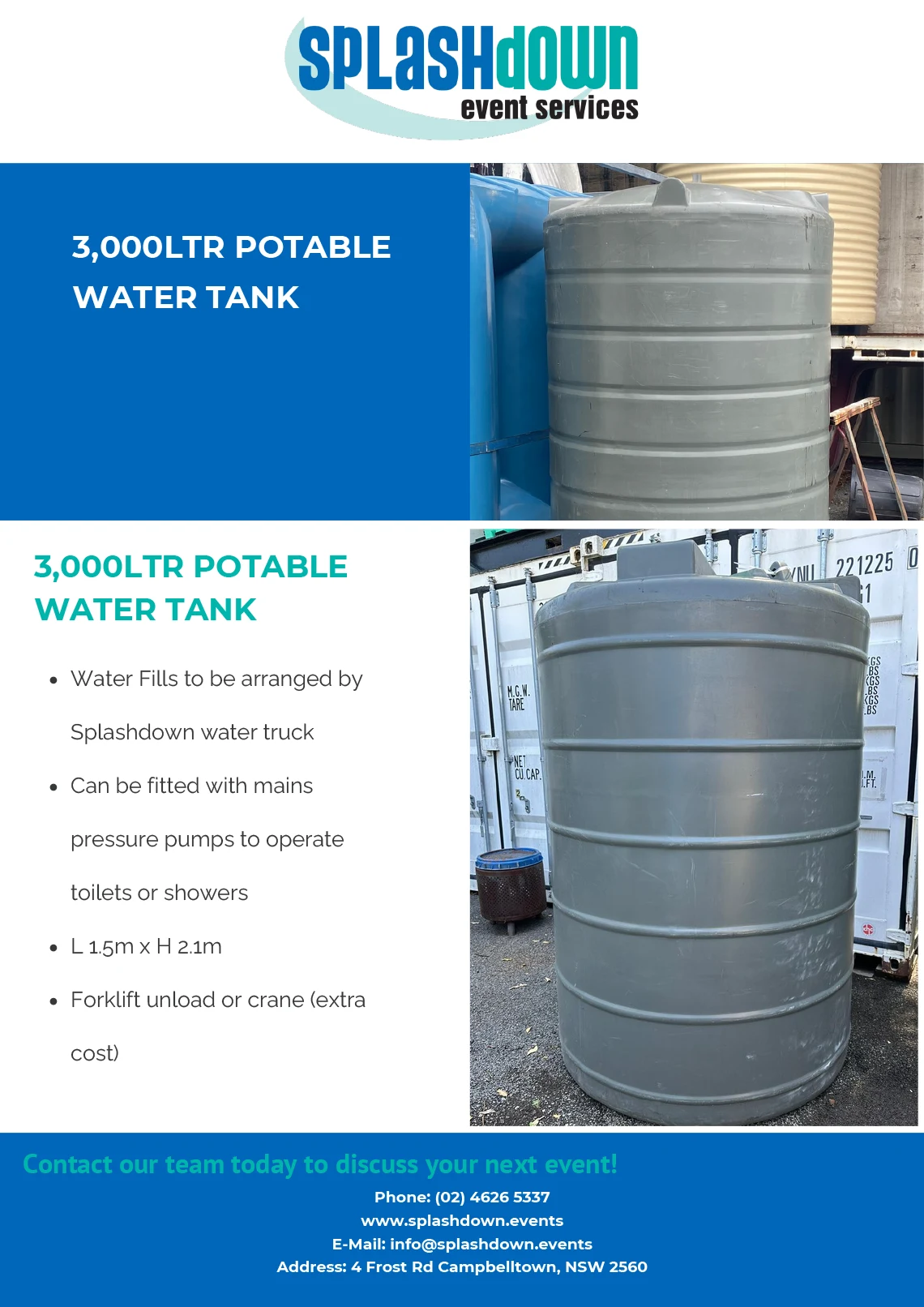 3,000Ltr Fresh Water Tank by Splashdown Event Services