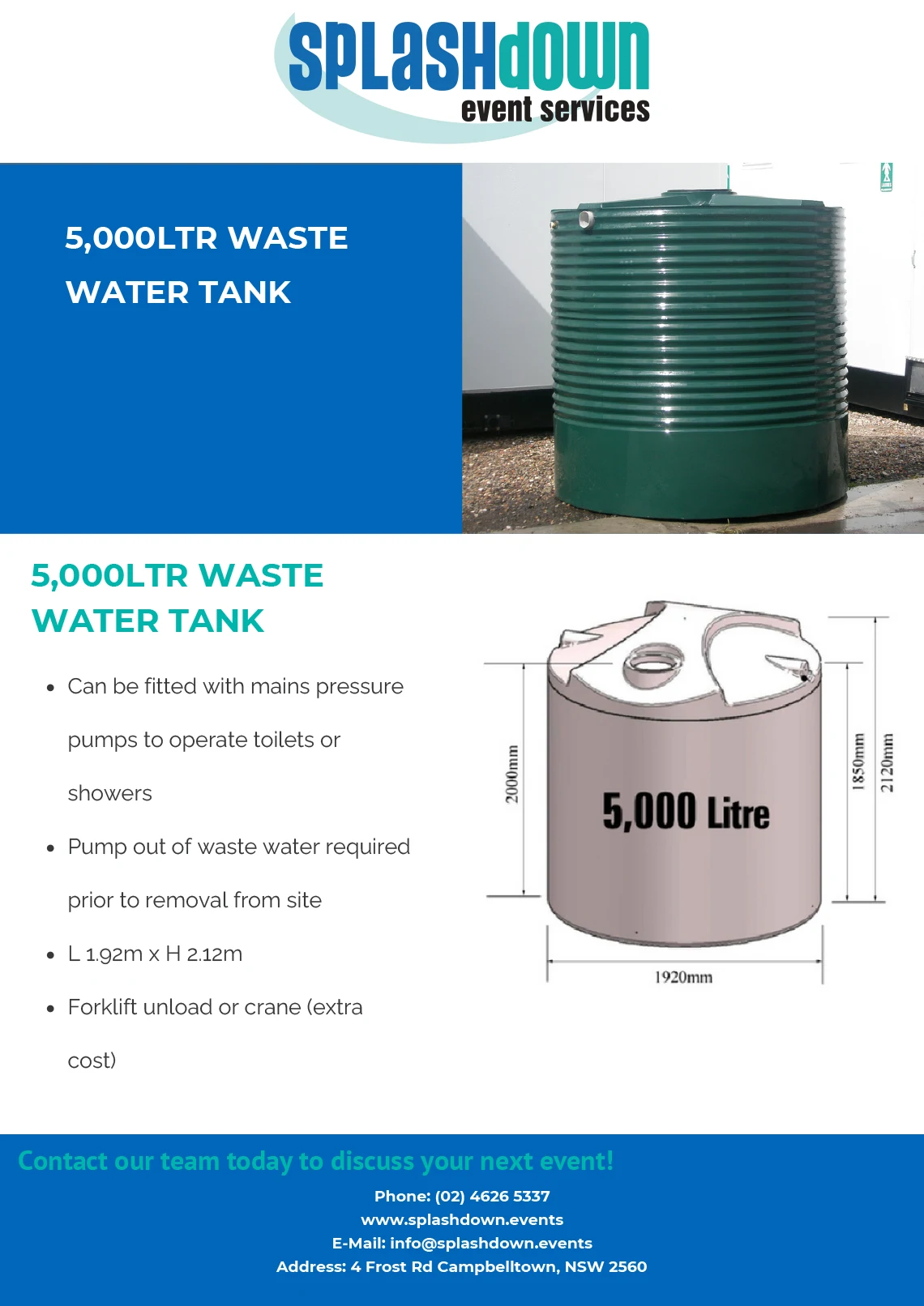 5,000Ltr Waste Water Tank by Splashdown Event Services
